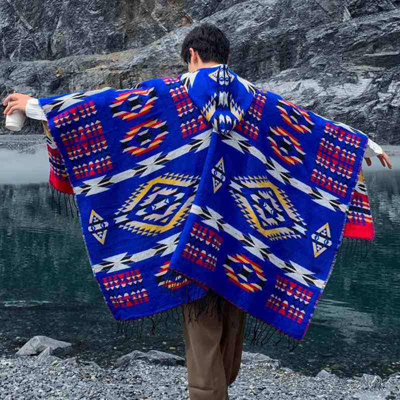 ポンチョ 男性 メンズ レディース 大判 フード付き 両面 民族調 エスニック ジオメトリック柄 チェック..