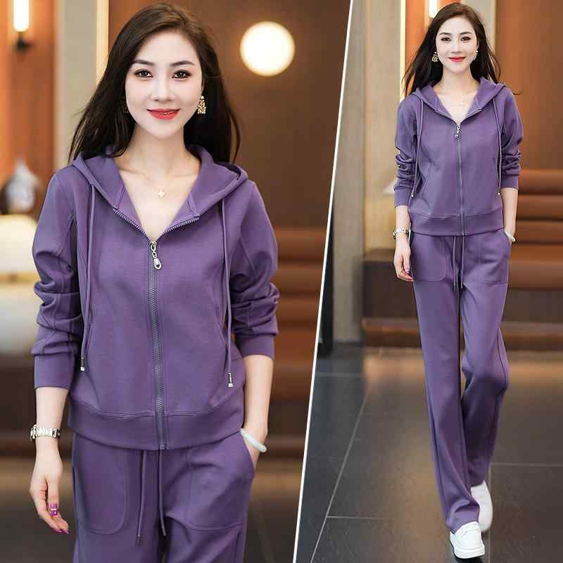 スポーツウェア レディース 春秋 フード付きパーカー スウェット 長袖 ロングパンツ 上下 2点セット おしゃれ 若見え 体型カバー ジップアップ ポリエステル...