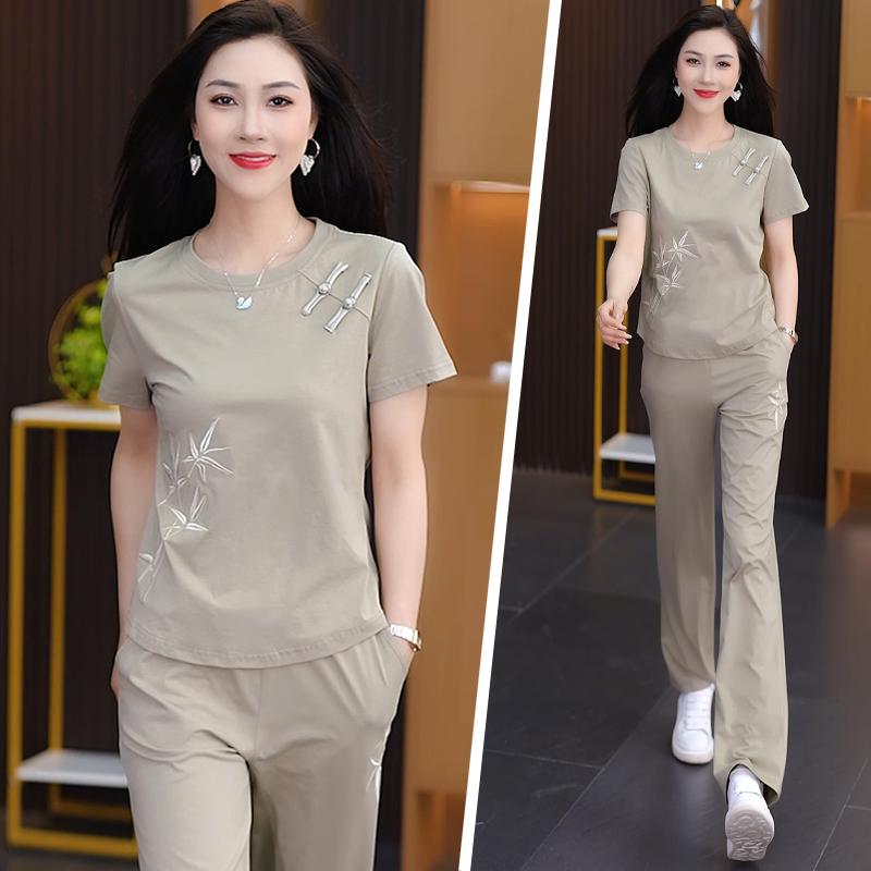 セットアップ レディース 春夏 ファッション おしゃれ エレガント 若見え 半袖 トップス ロングパンツ ボトムス 綿混紡 吸湿速乾 快適 カジュアル スポーツウェア 普段使い ブラック ピンク カーキ アイボリー