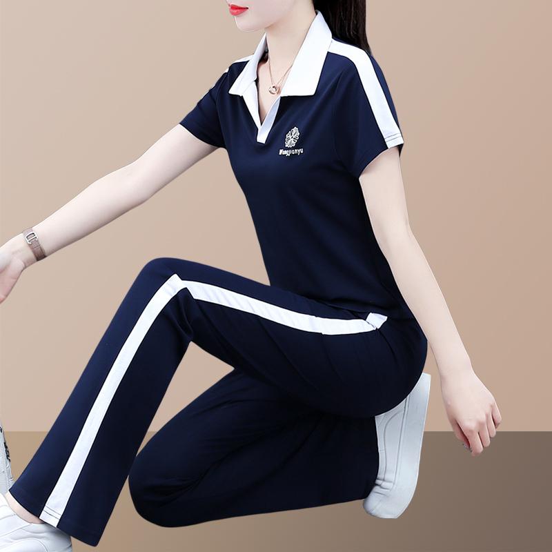セットアップ レディース 女性用 ポロシャツ 半袖 上下セット ロングパンツ Vネック カジュアル スポーツ 薄手 接触冷感 吸湿速乾 伸縮性 ランニング ウォーキング 普段使い 部屋着 春夏 レーヨン ポリウレタン