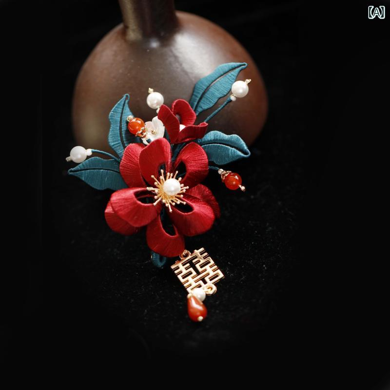 ブローチ レディース ハンドメイド 赤 山茶花 巻き花 コサージュ 結婚式 ウェディング ブライダル 婚約..