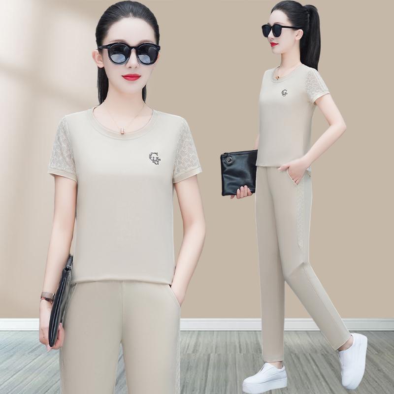 スポーツウェア レディース セットアップ 半袖 サマー おしゃれ 高見え 小柄向け 低身長 エレガント 上品 若見え 体型カバー カジュアル リラックス ロングパンツ 普段使い