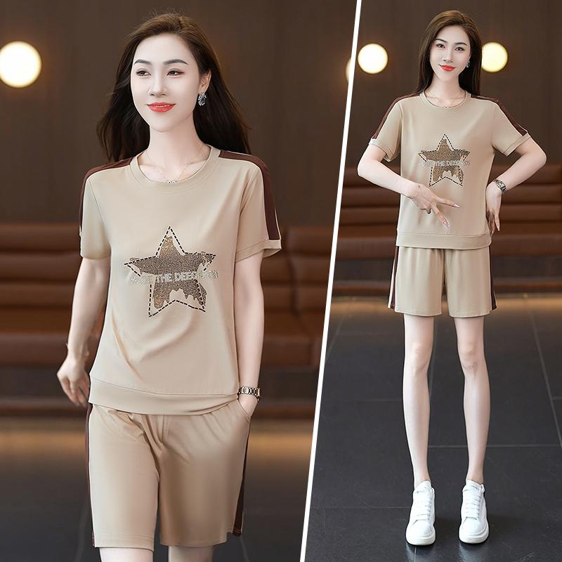 セットアップ レディース スポーツ ショートパンツ おしゃれ トレンド 春夏 若見え 着痩せ 体型カバー 小柄 高身長効果 2点セット 普段使い 部屋着 リラックス カジュアル 半袖 ラウンドネック レーヨン ナイロン スパンデックス 接触冷感