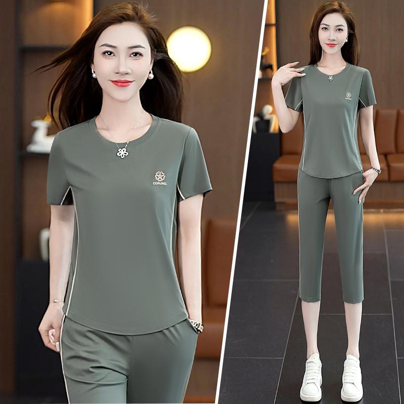 セットアップ レディース スポーツウェア 運動着 薄手 半袖 七分丈パンツ クロップドパンツ 伸縮性 吸湿速乾 レーヨン混紡 春夏 リラックスウェア 普段使い ワンマイルウェア ベージュ ダスティグリーン ロイヤルブルー ワインレッド