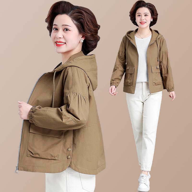 セットアップ レディース ミセス 中高年女性 ママ 春秋 ショート丈 薄手 ウインドブレーカー アウター 2点セット 普段使い カジュアル フード付き ジップアップ ゆったり ポケット ポリエステル カキ オレンジ 黒