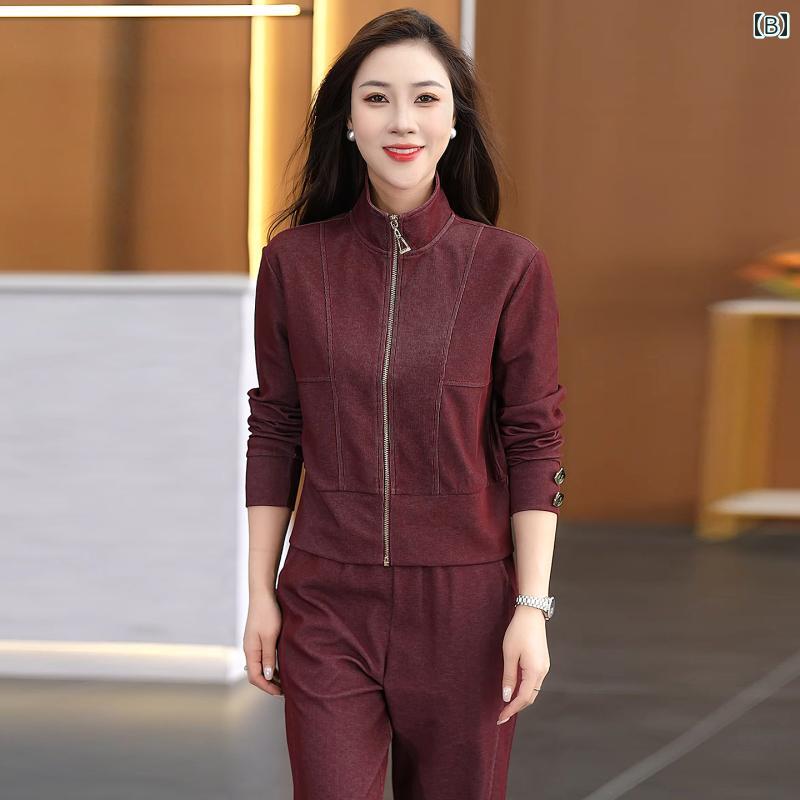 フロントップ楽天市場店のセットアップ レディース 女性用 スウェット トレーナー パーカー ランニングウェア スポーツウェア ジップアップ スタンドカラー 着痩せ スタイルアップ エレガント カジュアル 綿 ポリエステル 春秋 2点セット｜アングル2