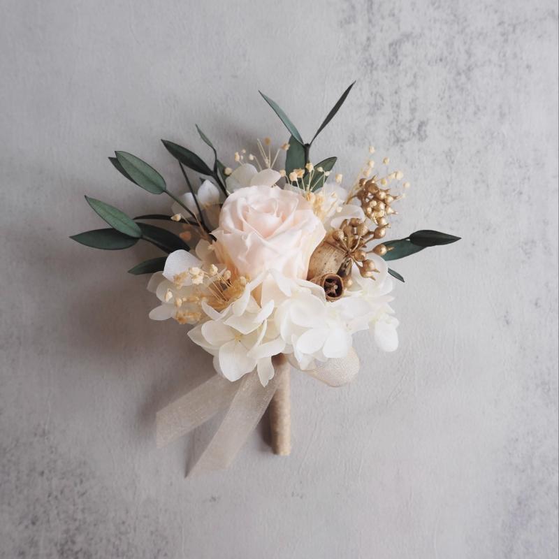 コサージュ リストブーケ プリザーブドフラワー シャンパンローズ 新郎 ブートニア 新婦 リストレット ..