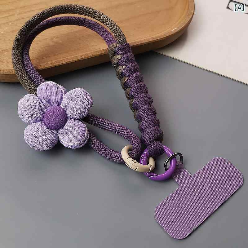 スマホストラップ 女性用 ショート ハンドストラップ コットン ナイロン 編み込み ドーパミンカラー フラワーチャーム 紛失防止 落下防止 手首用 丈夫 快適 日常使い おしゃれ かわいい マルチユース