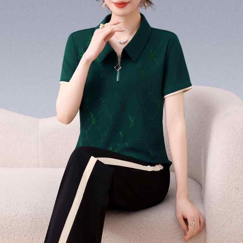 スポーツウェア レディース 薄手 半袖 接触冷感 再生繊維 セットアップ カジュアル トラベル デイリーユース 吸湿速乾 快適 若見え エレガント 襟付き プル...