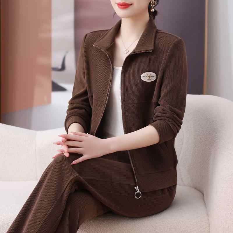 セットアップ ミセス 中高年女性 春秋 スポーツウェア 上下セット おしゃれ ファッション ゆったり スタンドカラー 厚手 ポリエステル ポリウレタン 普段使い お出かけ