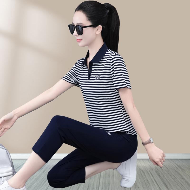 セットアップ レディース 夏 ストライプ 半袖 ポロシャツ ランニング 七分丈パンツ 小柄 カジュアル 吸湿速乾 通気性 伸縮性 普段使い 部屋着 30代 40...