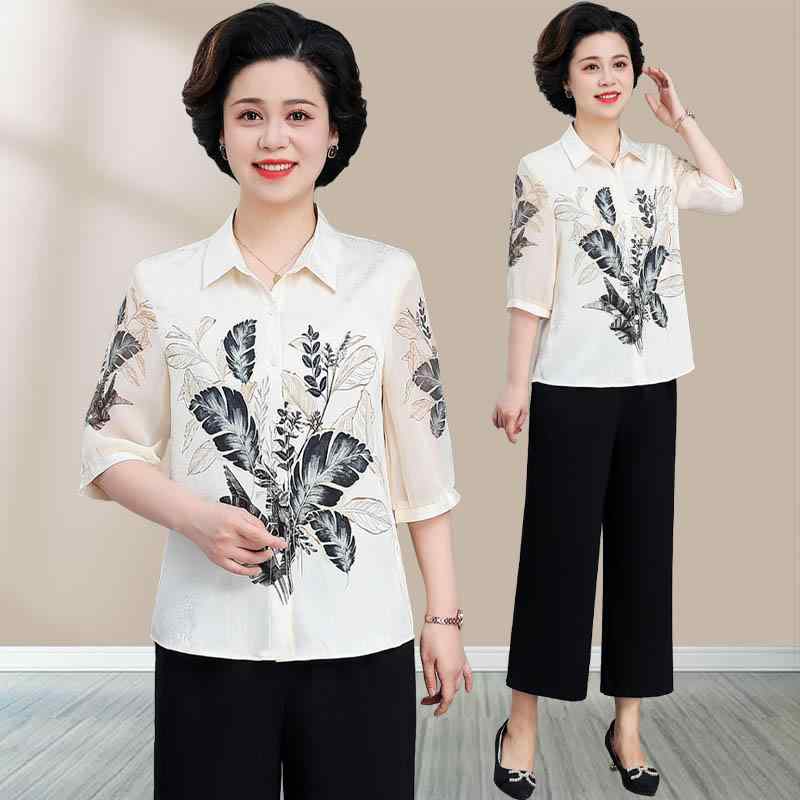 セットアップ レディース 中高年 ミセス 春夏 ゆったり ルーズ シャツ ブラウス 九分丈パンツ 2点セッ..