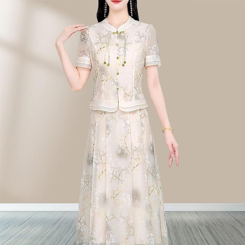 ワンピース レディース 春夏 新チャイナドレス エレガント 上品 半袖 セットアップ ツーピース 花柄 Aラインスカート ミディ丈 チャイナカラー ポリエステル 普段使い お呼ばれ リゾート 杏