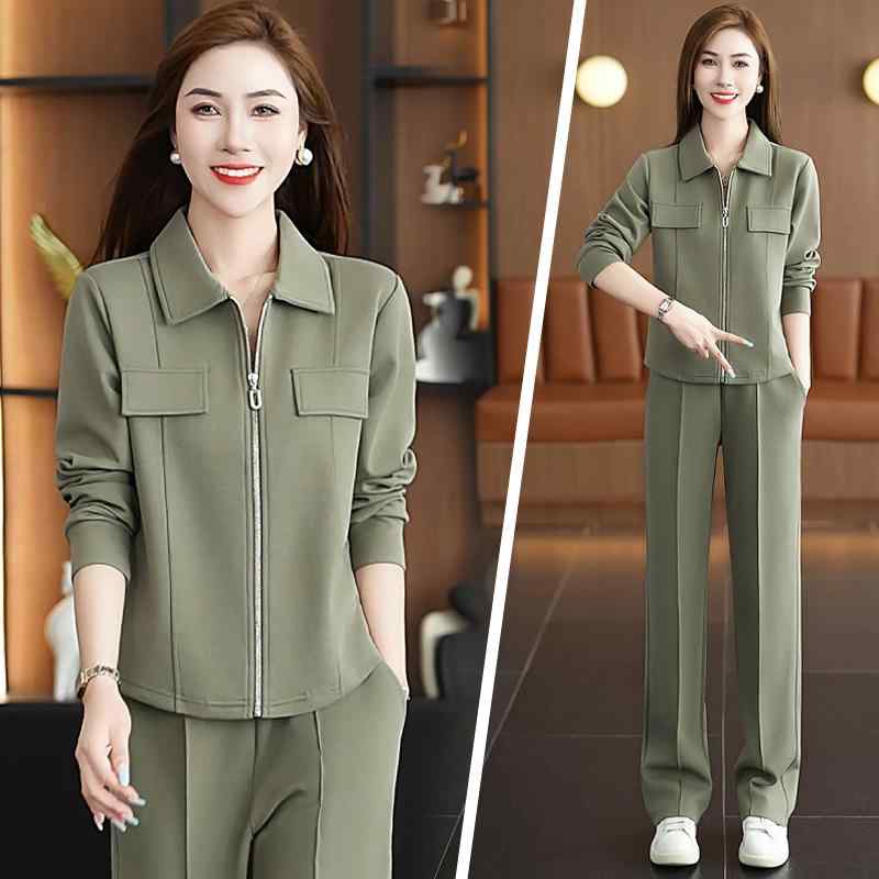 セットアップ レディース スウェット ツーピース 長袖 ジップアップ 襟付き ポリエステル 綿混 カジュアル スポーツ 韓国 ファッション 若見え 春秋