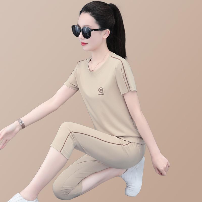 セットアップ レディース カジュアル スポーツ 上下セット 春夏 薄手 軽量 速乾 接触冷感 半袖 トップス 七分丈パンツ ボトムス 普段使い リラックス 体型カバー 伸縮性 部屋着 再生繊維 ナイロン スパンデックス 複合素材