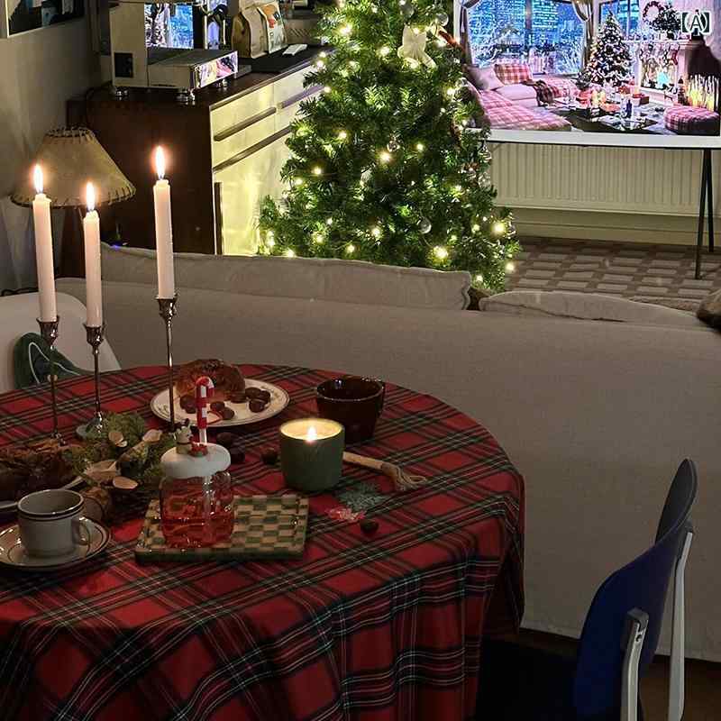 テーブルクロス クリスマス レッド 赤 ワインレッド チェック柄 格子柄 雪の結晶柄 ダイニング 円卓 レ..