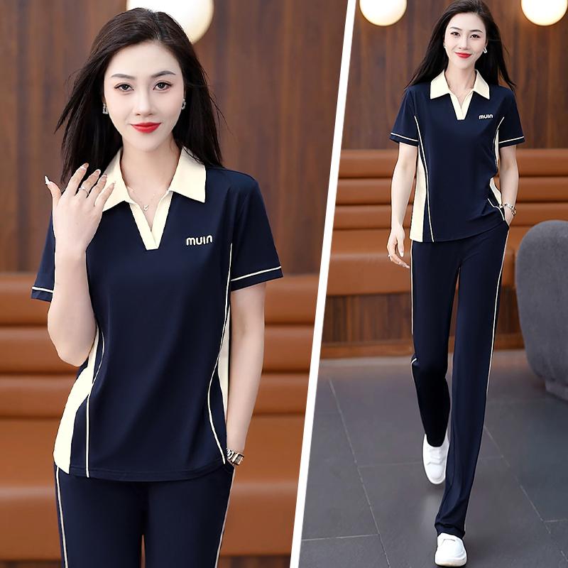 スポーツウェア レディース ミセス 春夏 接触冷感 伸縮性 半袖 ポロシャツ ロングパンツ 着痩せ 細見え 若見え リラックス カジュアル セットアップ