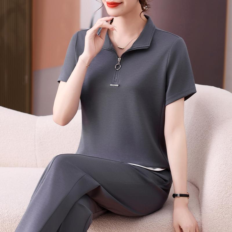 スポーツウェア レディース 春夏 フェイクツーピース 重ね着風 半袖 ポロ襟 ロングパンツ 薄手 軽量 接触冷感 吸湿速乾 伸縮性 ランニング ジョギング トレーニング ジム フィットネス おしゃれ きれいめ 上品 セット