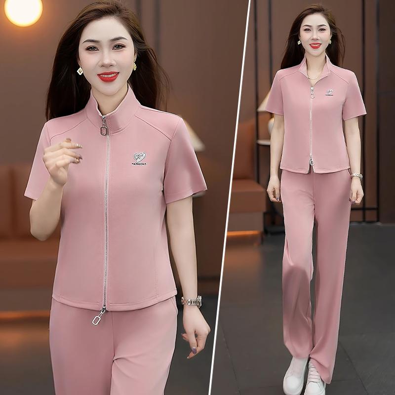 スポーツウェア セットアップ レディース スタンドカラー 半袖 薄手 ジップアップ カーディガン ストレートパンツ 再生繊維 2点セット 夏 普段使い