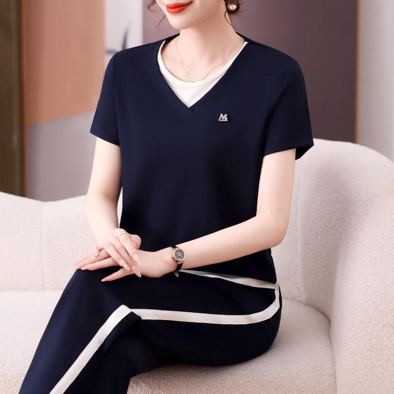 セットアップ レディース スポーツウェア 接触冷感 薄手 半袖 モダール ポリエステル ゆったり 大きいサイズ カジュアル ラウンドネック 長ズボン 普段使い ...