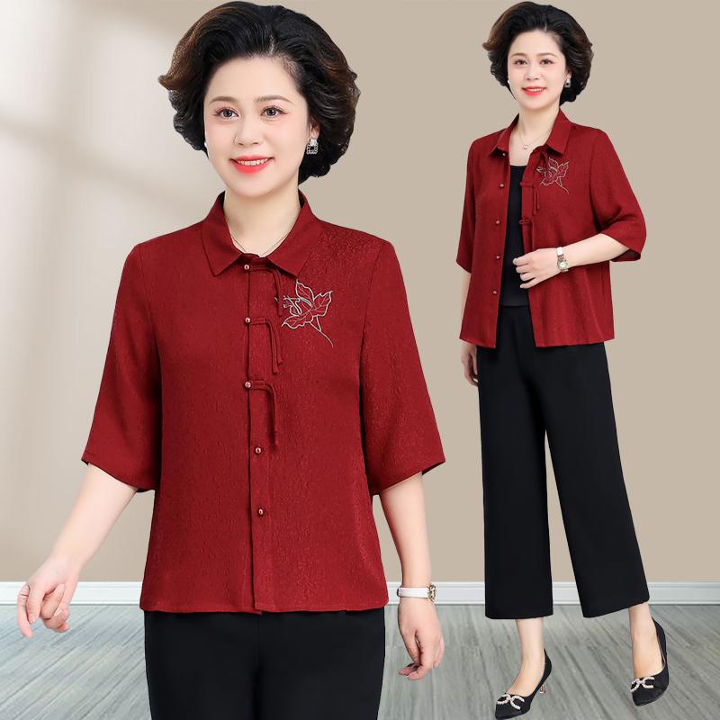 セットアップ レディース ミセス ママ 熟年層 半袖カーディガン ロングパンツ ツーピース 新チャイナ風..