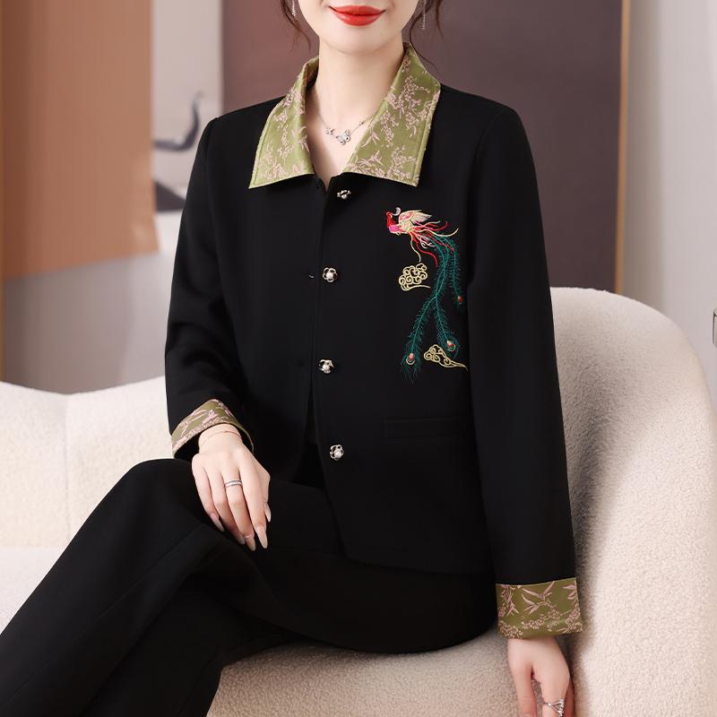 セットアップ レディース ミセス 春秋 チャイナ風 刺繍 ジャケット ロングパンツ ポロ襟 ショート丈 ス..