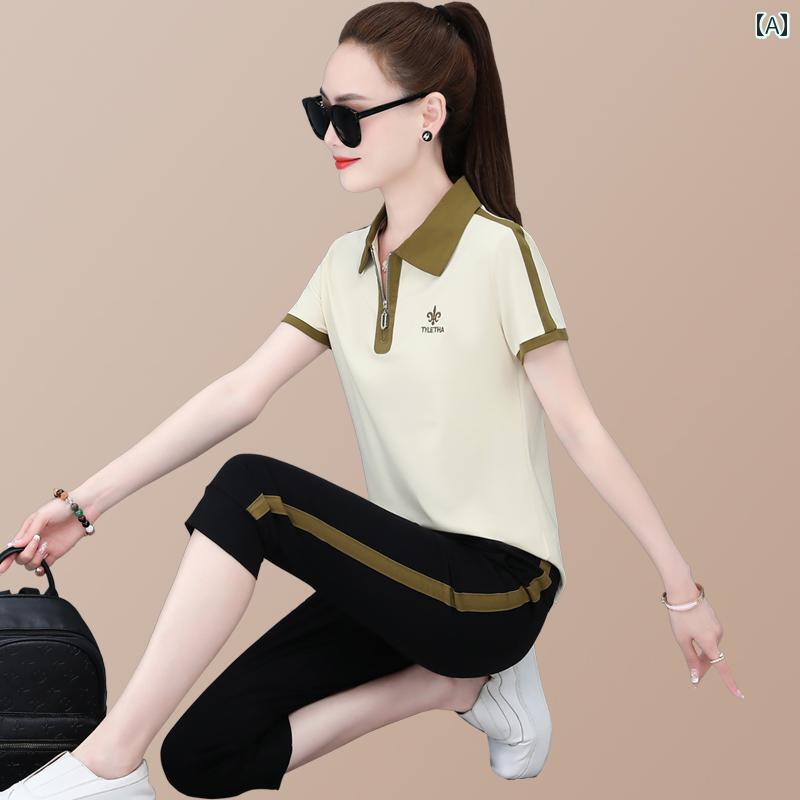 スポーツウェア レディース 半袖 クロップドパンツ セットアップ 接触冷感 薄手 ストレッチ 吸湿速乾 ..