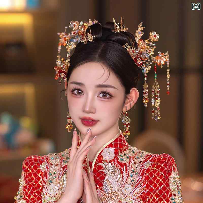 ヘッドドレス レディース 女性用 花嫁 ブライダル 秀禾 新中国風 ネオチャイナ 秋冬 結婚式 披露宴 前撮り 馬面スカート レトロ 宮廷風 東洋風 象嵌細工 ラインストーン クリスタル 紅翡 髪飾りセット
