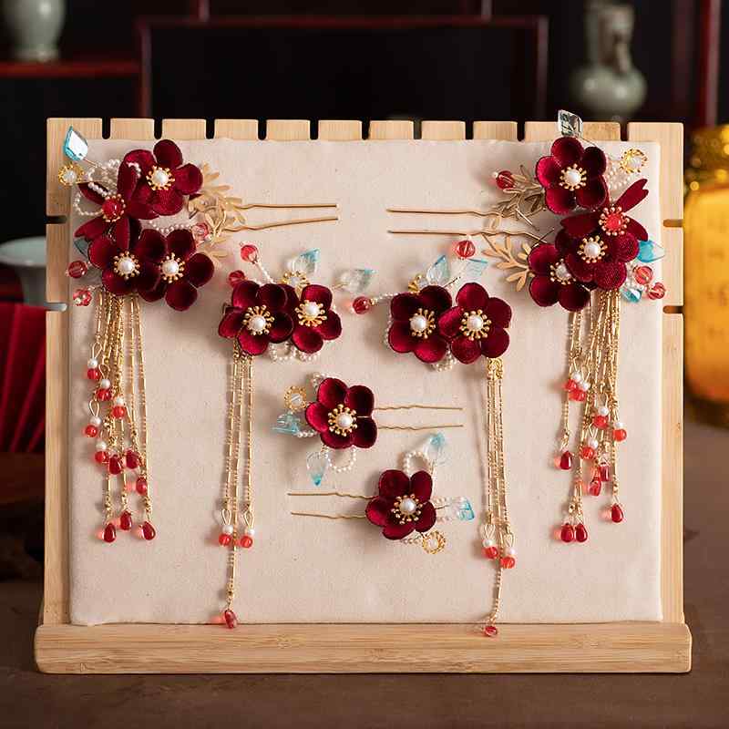 髪飾り 花嫁用 中華風 古典風 ベロア タッセル 歩揺 簪 結婚式 ブライダル ウェディング 合金製 メッキ..