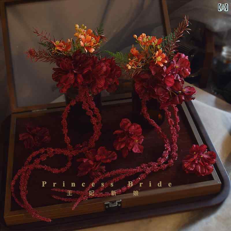 髪飾り 女性用 ブライダル 結婚式 披露宴 前撮り パーティー クラシック レトロ アンティーク 赤 造花 ..