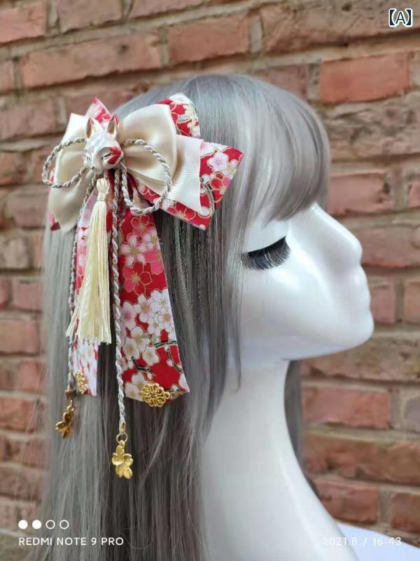 フロントップ楽天市場店のヘアアクセサリー レディース 古風 和風 狐 狐耳 蝶結び リボン 髪飾り ヘアクリップ バレッタ 桜柄 鶴柄 波柄 赤 ピンク ワインレッド 水色 オレンジ ネイビー 黒 かわいい 上品 和装小物 浴衣 卒業式 成人式 着物｜アングル2