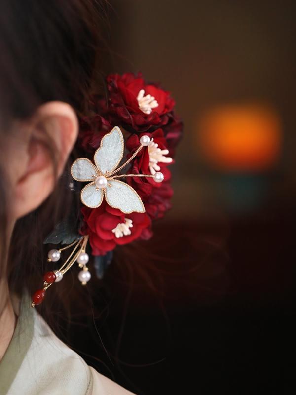 髪飾り 女性用 漢服スタイル 中華テイスト アンティーク調 蝶 花 赤 後頭部 ヘアクリップ バレッタ サ..