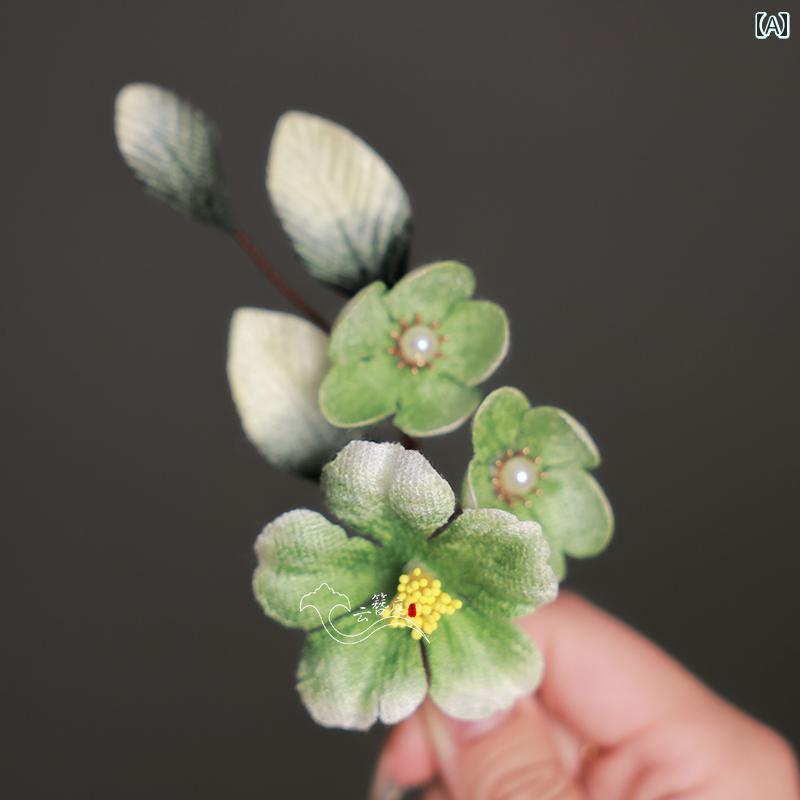 髪飾り レディース 女性用 緑 ベルベット シャクヤクモチーフ 漢服風 古典風 レトロ ヘアクリップ かん..