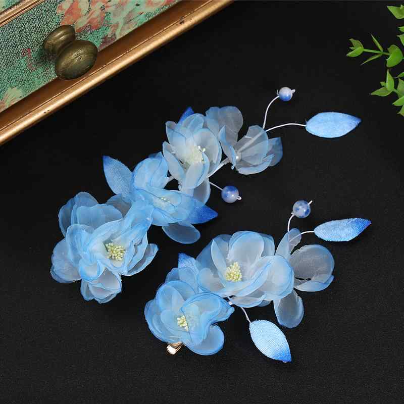 ヘアクリップ 和風 レトロ 絹花 フラワー オーガンジー ハンドメイド グラデーション 青 ブルー 漢服 和装 髪飾り ヘアアクセサリー サイドクリップ(4.0)