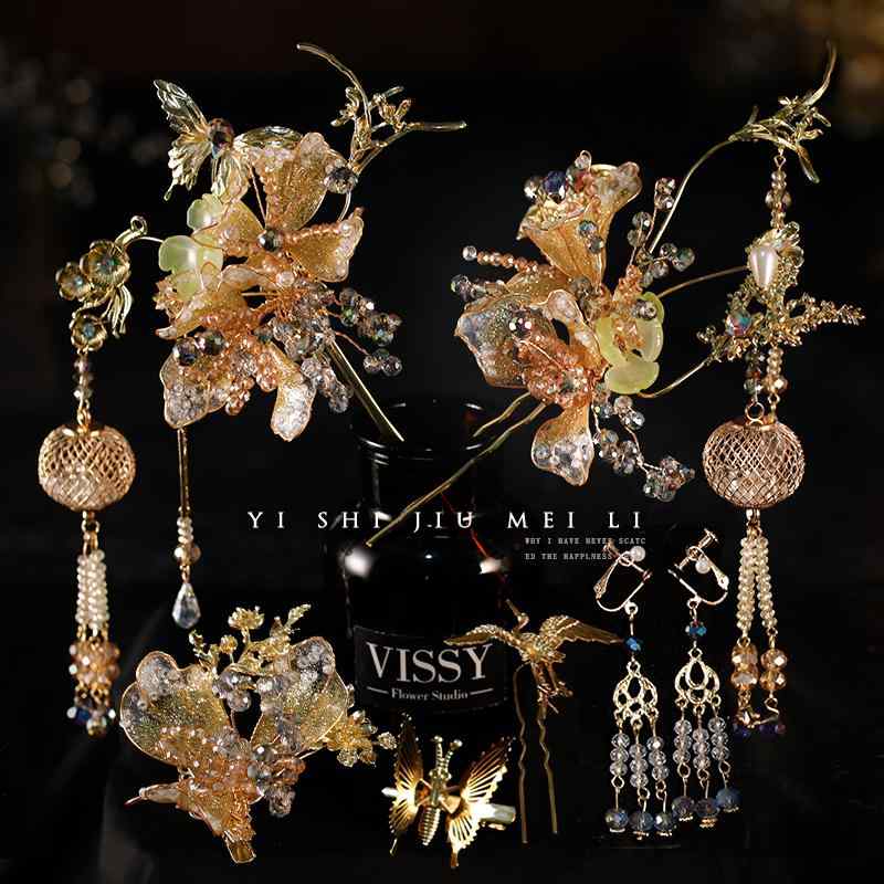 ヘアアクセサリー 花嫁 ブライダル 新婦 秀禾 漢服 中華風 和装 レトロ ヴィンテージ風 クリスタルリキ..