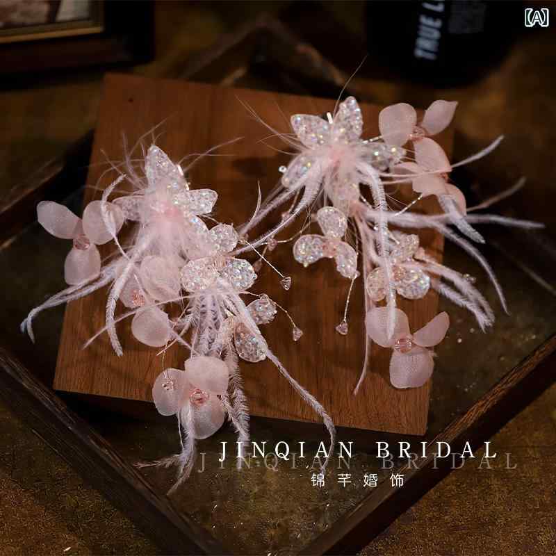 ヘアクリップ ブライダル ウェディング 花嫁 ピンク ジルコニア 花びら フェザー 繊細 優雅 手作り ド..