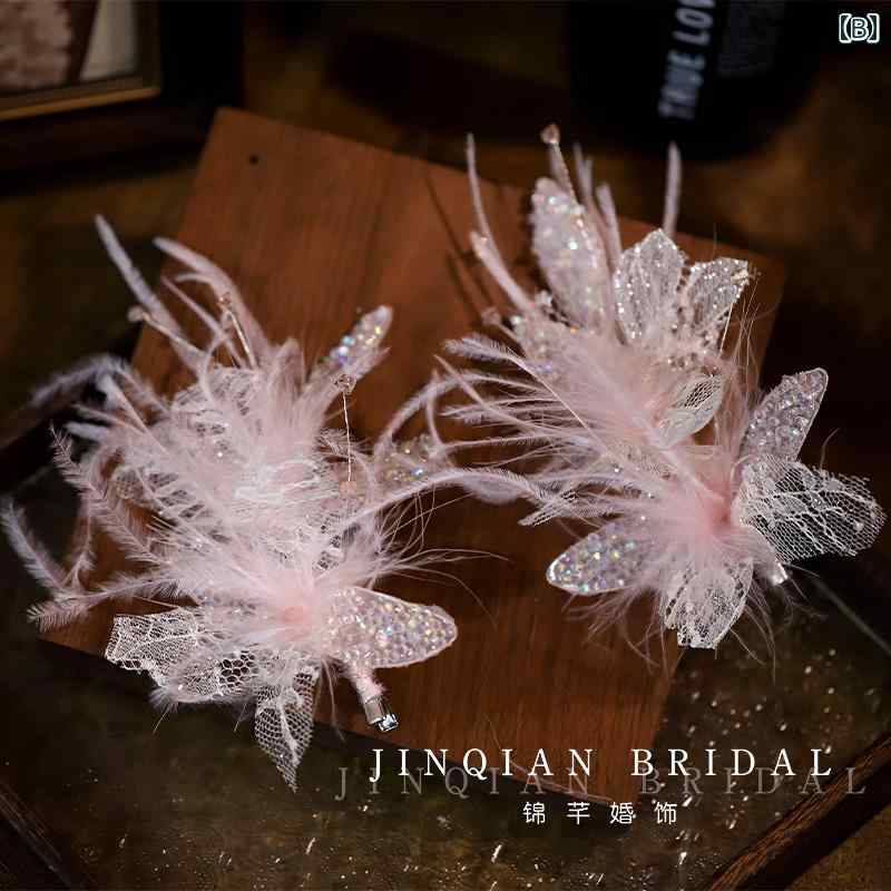 ヘアクリップ ブライダル ウェディング 花嫁 ピンク ジルコニア 花びら フェザー ...