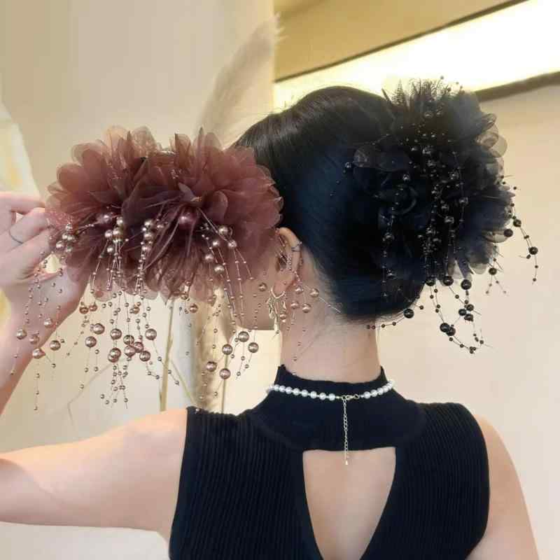 ヘアクリップ バンスクリップ 牡丹の花 パール 羽根 タッセル 髪飾り ボリュームアップ 上品 エレガント 大人かわいい ブラウン ブラック(4.0)