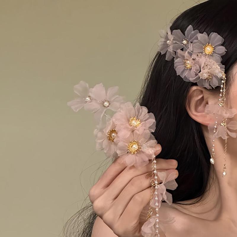 ヘアクリップ レディース 春夏 ピンク フラワー タッセル 絹 古風 漢服 和装 髪飾り 髪留め サイドクリップ かわいい おしゃれ 上品 エレガント 普段使い デイリーユース お出かけ イベント(4.0)