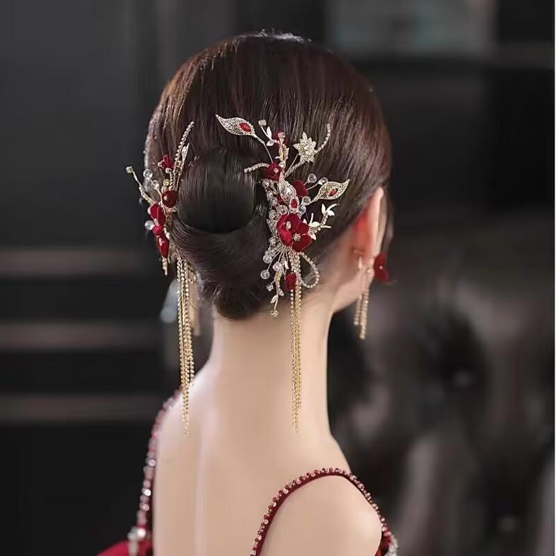 髪飾り 花嫁 レディース 古風 レトロ 揺れる 簪 歩揺 赤 絨花 タッセル フリンジ 華やか ウェディング ..