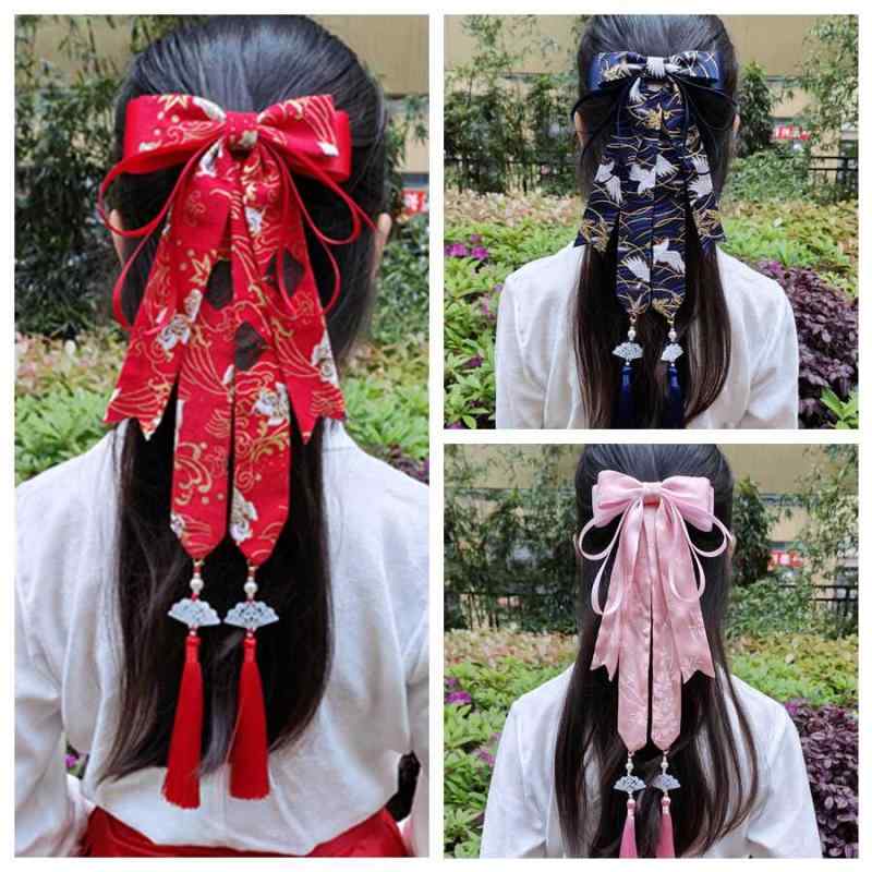 ヘアクリップ レディース キッズ ビッグ 蝶結びリボン ロング垂れ飾り 古風 漢服 民族衣装 和装 髪飾り..