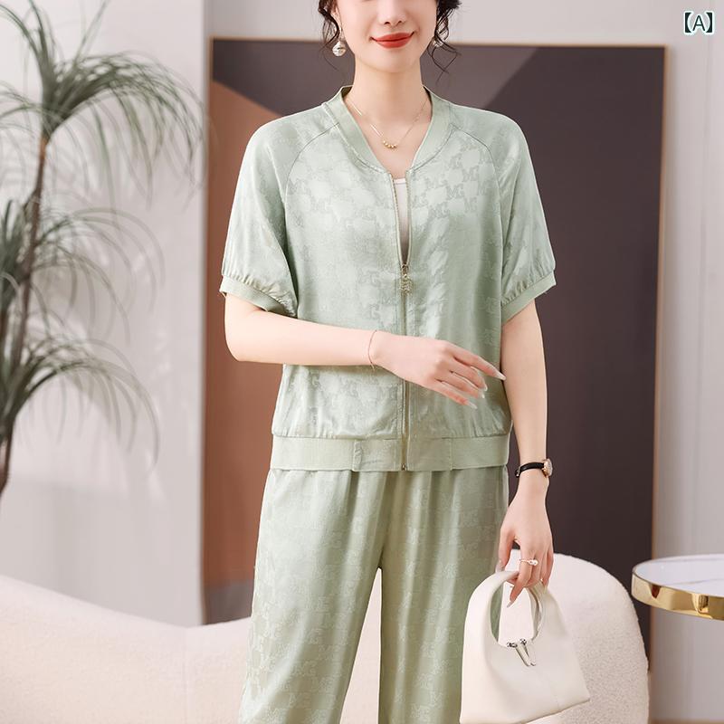 セットアップ レディース 春夏 薄手 接触冷感 ビスコース 半袖 Vネック ジャカード...