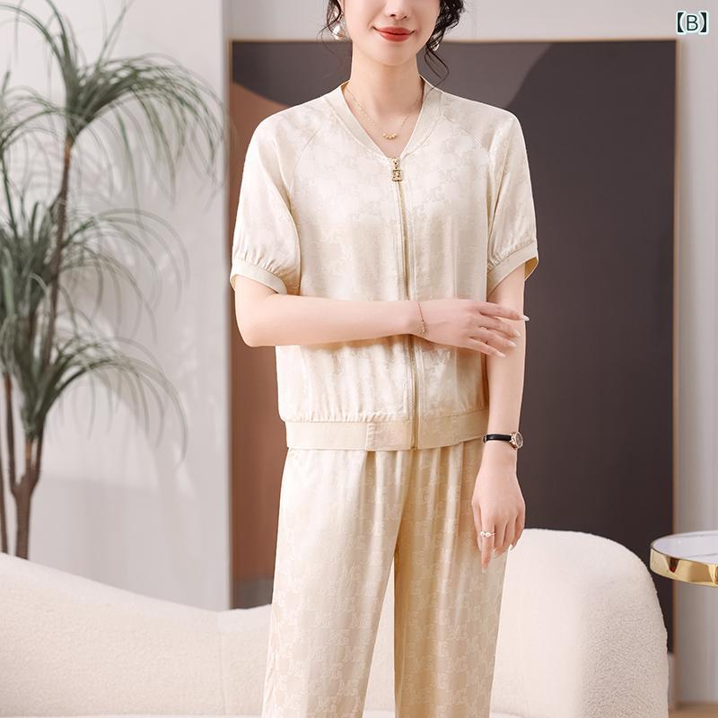 セットアップ レディース 春夏 薄手 接触冷感 ビスコース 半袖 Vネック ジャカード...