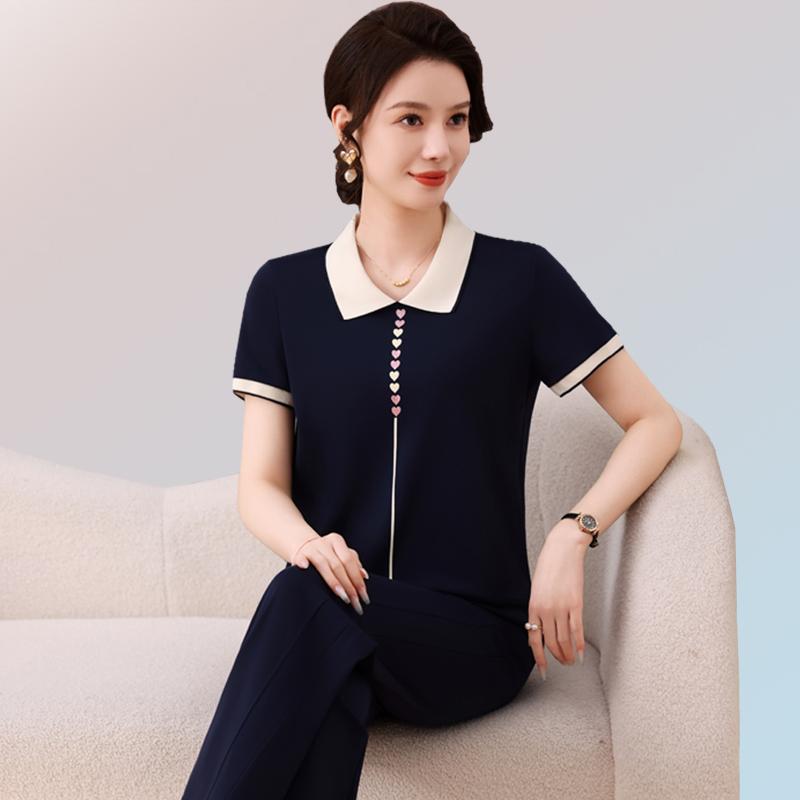 スポーツウェア セットアップ レディース 春夏 韓国 若見え 半袖 襟付き 長ズボン レーヨン ナイロン ..