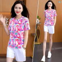 セットアップ レディース 接触冷感 速乾 通気性 薄手 ゆったり プリント柄 半袖 トップス ショートパンツ 上下セット ポリエステル ルームウェア おしゃれ ...