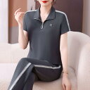 セットアップ レディース スポーツ カジュアル 半袖 接触冷感 薄手 立ち襟 スタンドカラー ゆったり ルーズ 大きいサイズ 小柄 低身長 細見え 着痩せ エレ...