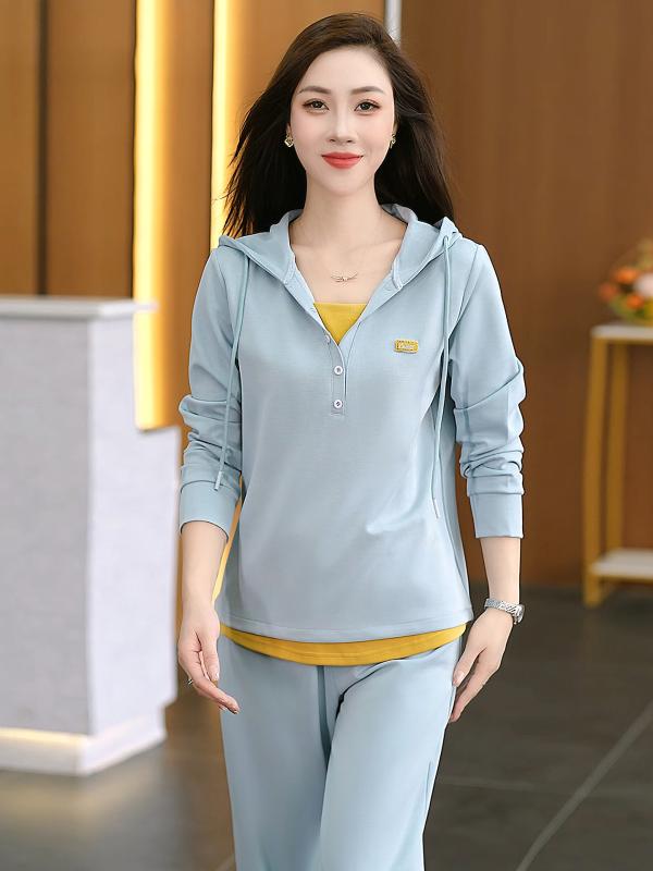 スポーツウェア レディース セットアップ 春秋 フード付き パーカー 長袖 プルオーバー ロングパンツ おしゃれ 若見え カジュアル 普段着 レーヨン ポリエステル ポリウレタン スカイブルー ロイヤルブルー ピンク グレー 2点セット