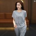 セットアップ レディース 夏 スポーツウェア 半袖スウェット トレーナー クルーネック ロングパンツ 上下セット カジュアル リラックス 普段使い おうち時間 ...