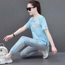 セットアップ レディース カジュアル スポーティー スポーツウェア 普段着 ルームウェア 薄手 半袖 速乾 吸湿速乾 伸縮性 ポリエステル アルファベットプリン...