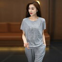 セットアップ レディース 夏 スポーツウェア 半袖スウェット トレーナー クルーネック ロングパンツ 上下セット カジュアル リラックス 普段使い おうち時間 ...